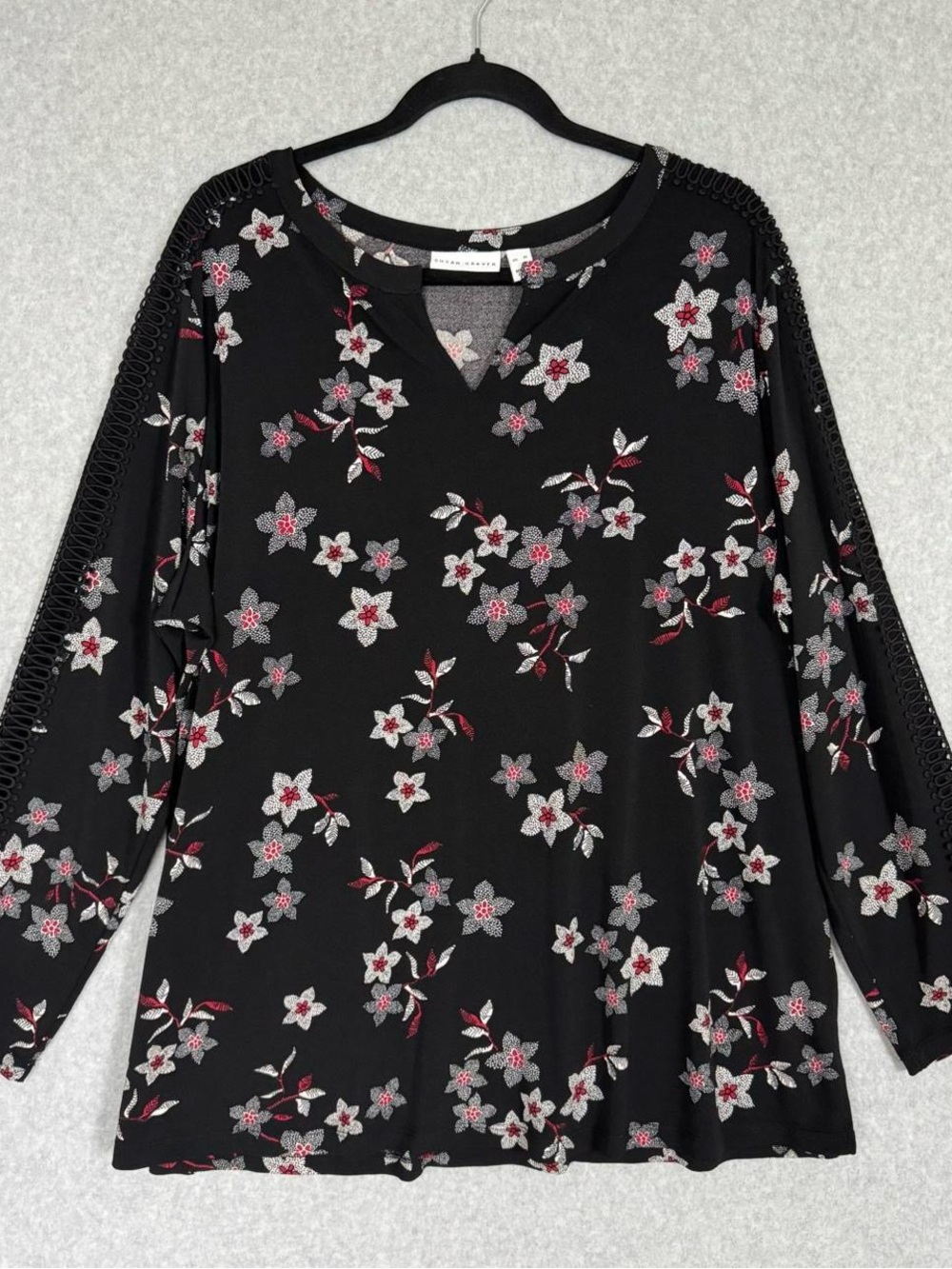 Susan Graver Liquid Knit Top Blouse Black Floral Long Sleeve Sheer Lace Inset XL